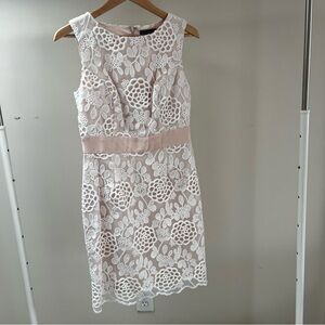 Luxology Strapless Floral Lace Dress in Cream and Tan